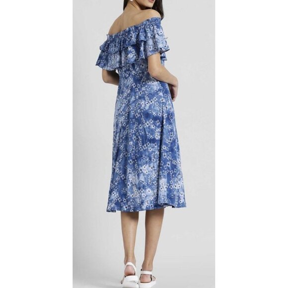 Zink London Floral Print Fit & Flare Dress Lined Shoulder Off Medium - Picture 2 of 16